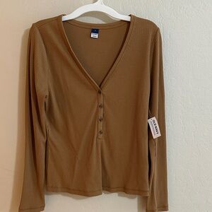 Old Navy Ribbed Henley Long-Sleeve Top — Camel